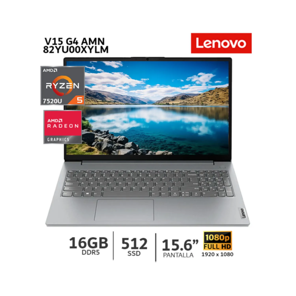 PORTATIL LENOVO V15G4AMN,15.6"FHD,Ryzen5-7520U 2.8/4.3GHz,16GB,SSD-512GB